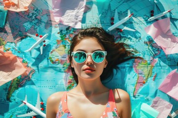 Poster - A woman takes a break on a large map, enjoying the sun and her surroundings