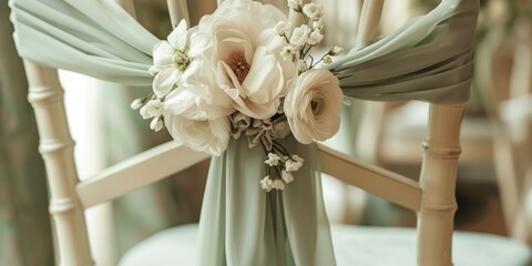 Sticker - a chair for a wedding decorated with soft fabric and minimal floral embellishments in sage green motif 