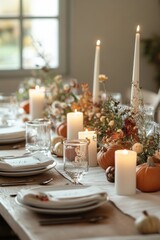 Canvas Print -  luxury Fall table settings with linen napkins. simple, low centerpiece that includes candles , pumpkin 