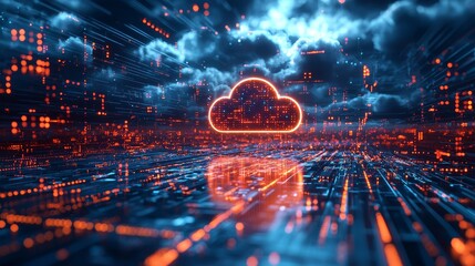 Poster - An illuminated cloud symbol surrounded by a digital circuit, symbolizing advanced cloud technology and connectivity.