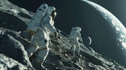 Poster - Group of space explorers walking on a barren, rocky terrain