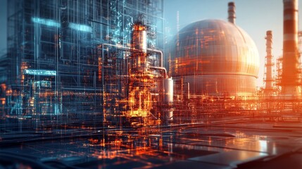 A futuristic industrial complex displays illuminated digital circuitry, representing advanced technology and architectural innovation.