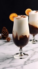 Wall Mural - Decadent coffee dessert with layered cream and orange garnish served in elegant glasses on a marble surface