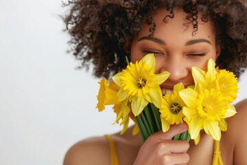 Poster - A woman holds a bouquet of yellow flowers in front of her face, concealing her identity