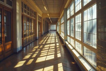 Poster - A long hallway with plenty of natural light from the many windows, featuring a bench for sitting