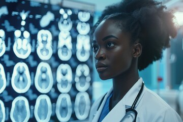 Poster - A medical professional examines an X-ray image, likely for patient diagnosis