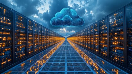 Poster - Rows of glowing servers with a digital cloud above represent modern technology, computing, and cloud storage.
