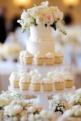 Poster -  three-tiered cupcake stand featuring mini cupcakes in various shades of white, with one wedding  large cake on top 