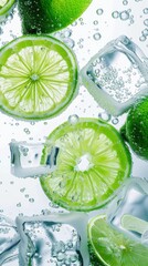  green lemon, lime  slices and ice cubes in white water, bubbles, light background, mobile wallpaper 