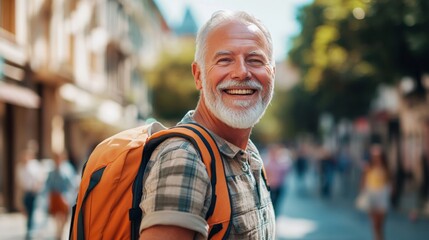 Poster - A senior man with a backpack, smiling as he strolls through the city on a sunny day. Perfect for travel, lifestyle