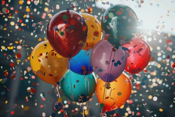 Poster - A bunch of colorful balloons filled with confetti floating in the air, great for celebrations or party themes