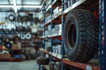 Poster - A tire is stored on a shelf in a warehouse