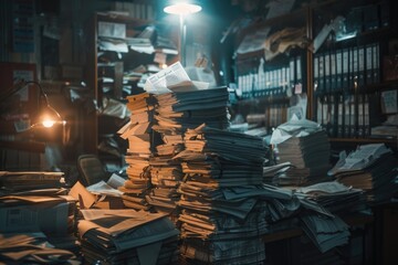 Aufkleber - A pile of papers and files sits atop a wooden table, awaiting organization or disposal