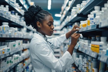 Aufkleber - A pharmacist in a white lab coat selects medicine from a shelf