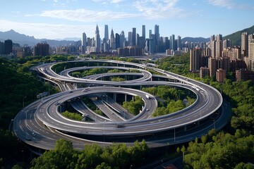 Poster - A complex urban interchange where highways cross above and below each other, forming a network of roads connecting different parts of the city.