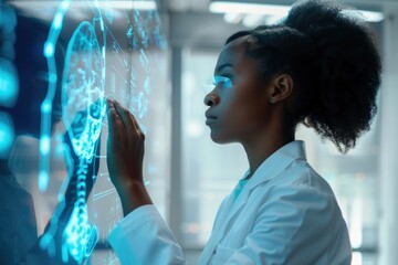 Poster - A woman in a lab coat studying an X-ray image, possibly for medical purposes