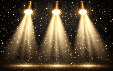 Wall Mural - Three spotlights illuminate a dark background with sparkling gold dust.