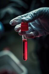 Poster - A close-up of a gloved hand holding a blood test tube, ready for lab testing