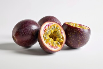 Poster - Freshly cut passion fruit slices arranged on a white surface