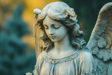 A close-up of a stone angel statue with delicate features and flowing hair. The statue's serene expression and outstretched wings evoke a sense of peace and protection.