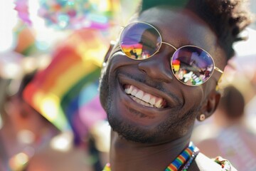 Sticker - A person wearing sunglasses and a colorful shirt, suitable for use in fashion or leisure settings