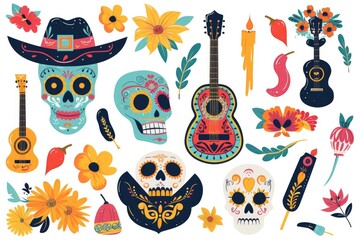 Wall Mural - A colorful arrangement of traditional Mexican sugar skulls surrounded by vibrant flowers