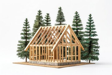 Poster - A model of a wooden house with a roof made of natural wood, ideal for architectural or interior design concepts