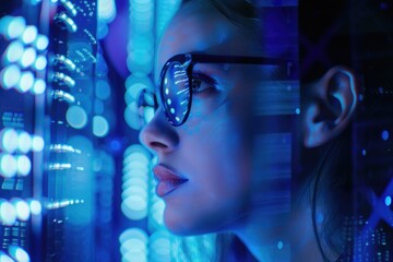 Aufkleber - A woman wearing glasses looks out a window with a thoughtful expression