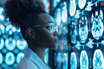 Poster - A woman reviews MRI images in a laboratory setting, suitable for medical or educational uses