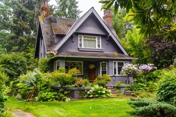 Poster - A purple house surrounded by lush greenery and colorful flowers