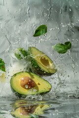 Poster - A ripe avocado falls from above into a calm body of water, creating ripples and reflections