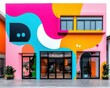 © Creator88 - Artistic contemporary minimart facade with abstract murals, bright colors, and large windows, Minimart, Artistic Modern