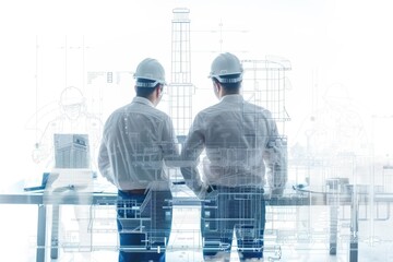 Poster - Men in hard hats examine blueprints on site, possibly for construction or engineering project