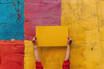 Poster - A person holds a yellow paper in front of a bright and vibrant wall, ideal for uses such as creative inspiration or educational settings