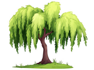 Wall Mural - illustration of a willow tree with green leaves, white isolated background. transparent background