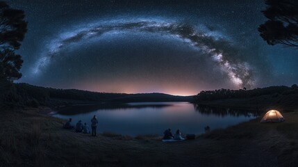 Sticker - Group of friends camping by a lake under a starry sky for an outdoor adventure