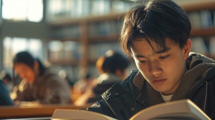 Sticker - A person sitting in a library surrounded by books, reading a book