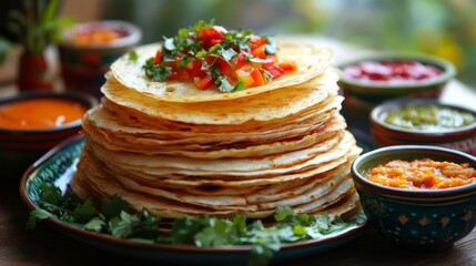 Poster - An artistic arrangement of dosas stacked high on a plate, garnished with fresh herbs and served with colorful bowls of chutneys, emphasizing the dish's appeal and variety