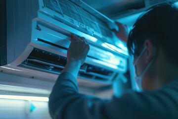 Poster - A person fixing a window AC unit at home or office, suitable for lifestyle, household, and repair images