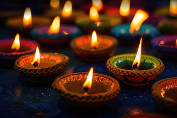 Poster - Group of lit candles on a table, perfect for decorative or atmospheric use