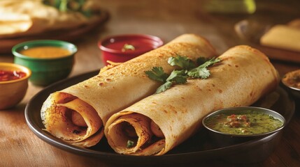 Poster - An artistic arrangement of dosas stacked high on a plate, garnished with fresh herbs and served with colorful bowls of chutneys, emphasizing the dish's appeal and variety