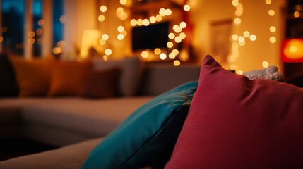 Poster - This stylish living room features a comfortable couch adorned with colorful pillows, creating a warm and inviting space perfect for relaxation and comfort