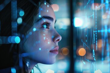 Poster - A woman looks out of a window at the city lights at night