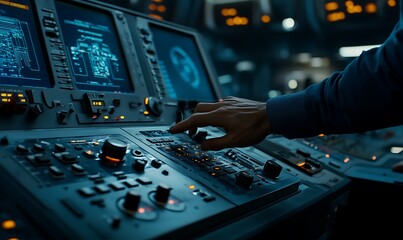 Poster - Engineer Adjusting Dial on Control Panel Amidst Energy Stats