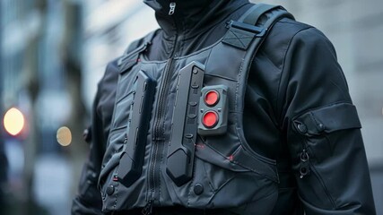 Poster - security guard is standing in an urban environment, wearing a futuristic bulletproof vest equipped w