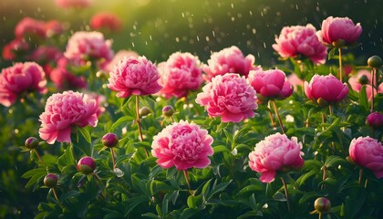 Canvas Print - Vibrant pink blooms glowing in sunlight amidst a lush, diverse garden