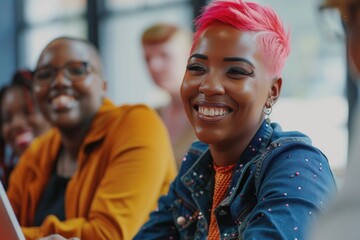 Poster - A woman with distinctive pink hair sits in front of a laptop, potentially working or gaming