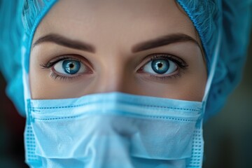 Poster - A person wearing a surgical mask in a close-up shot, suitable for use in medical or health-related contexts