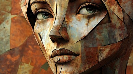 Sculpted face of a beautiful young woman, made in cubist style from iron elements that have already become rusty