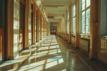 Poster - A long hallway with many windows and a clock on the wall